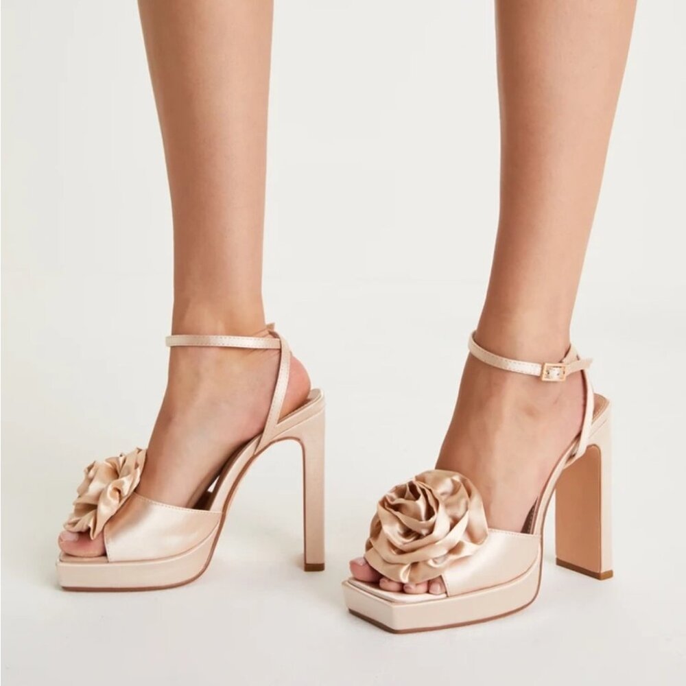 Aubriana Champagne Satin Flower Platform Ankle Strap Sandals